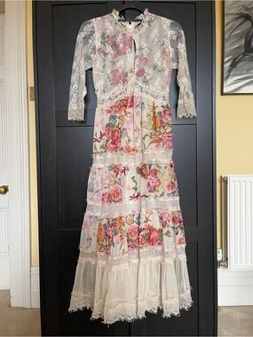 Topshop Pink Floral Lace Tiered Maxi Dress